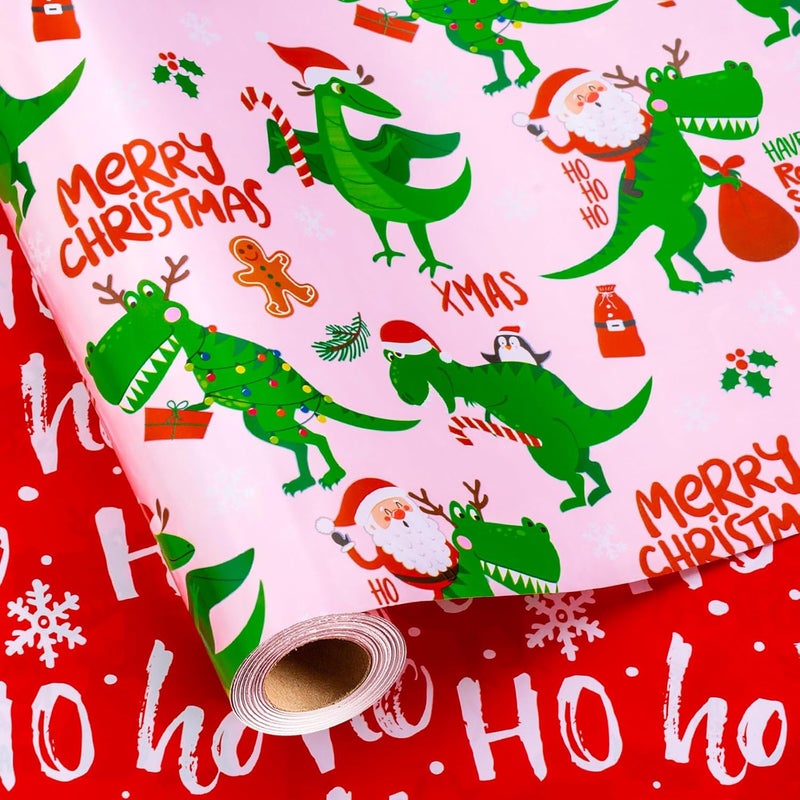 Yarcony Pink Dinosaur Christmas Wrapping Paper, Pink Gift Wrap, Funny Dinosaur and Santa Claus Dino Christmas Gift Wrapping Paper for Girls Kids women Holiday Present Packaging (17 Inch X 33 Feet) - Image 1